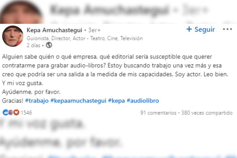 El actor pide trabajo (Captura Linkedin)