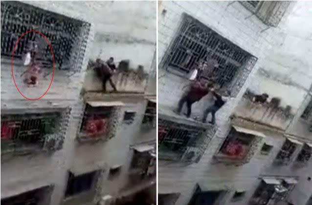 Two men scaled an adjacent building to reach the girl and cut her free.