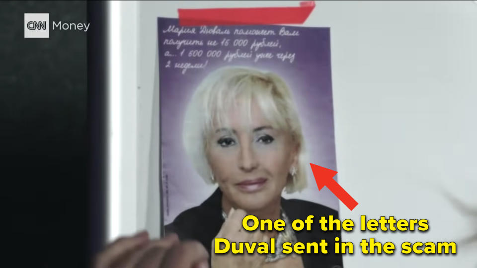 the letter Duval sent with a photo of herself against a purple backdrop