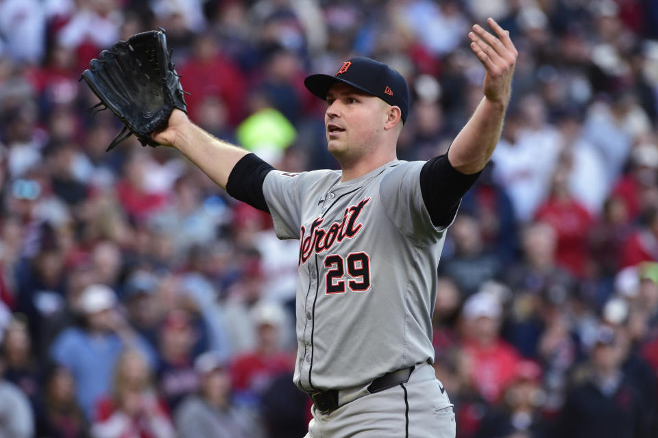 Detroit Tigers starting pitcher Tarik Skubal gestures after a double play ends the sixth inning during Game 2 of baseball's AL Division Series against the Cleveland Guardians, Monday, Oct. 7, 2024, in Cleveland. (AP Photo/Phil Long)