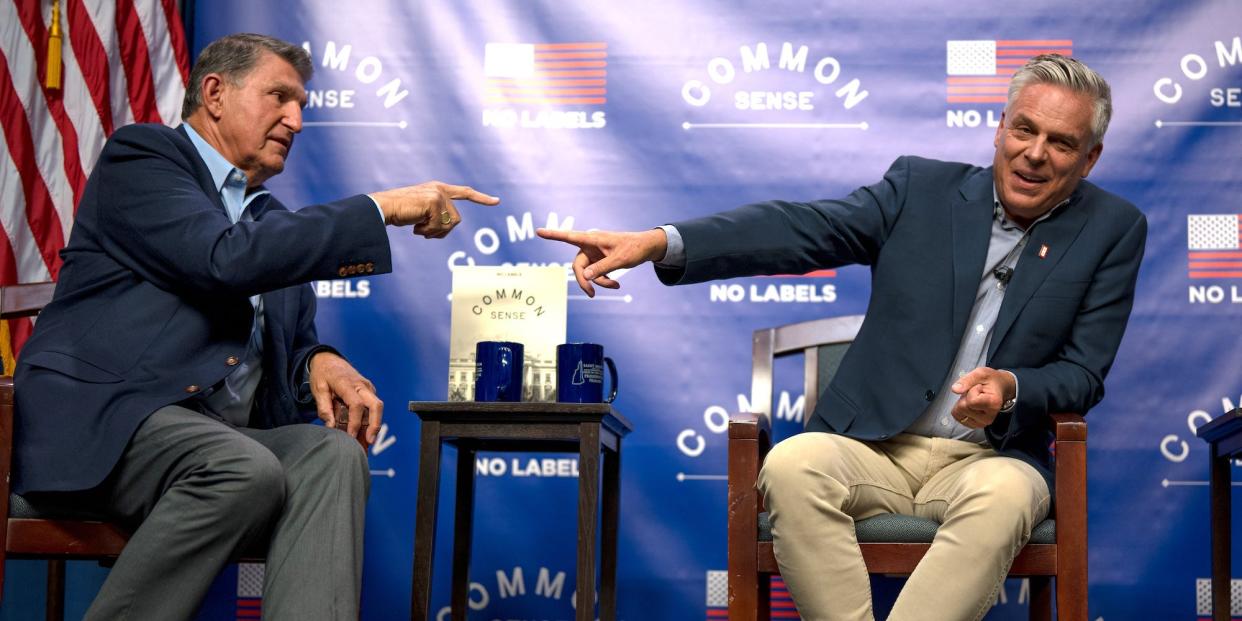 Democratic Sen. Joe Manchin of West Virginia and former Republican Gov. Jon Huntsman of Utah at a No Labels Town Hall on July 17, 2023.