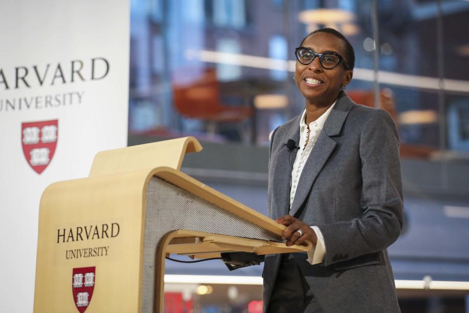 Cambridge, MA - December 15: Claudine Gay speaks to the crowd after being named Harvard Universitys next president. Harvard University on Thursday named Gay as its next president in a historic move that will give the nations oldest college its first Black leader. (Photo by Erin Clark/The Boston Globe via Getty Images)