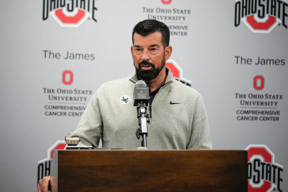 Sep 17, 2024; Columbus, Ohio, USA; Ohio State football head coach Ryan Day speaks during a press conference at Woody Hayes Athletic Center.