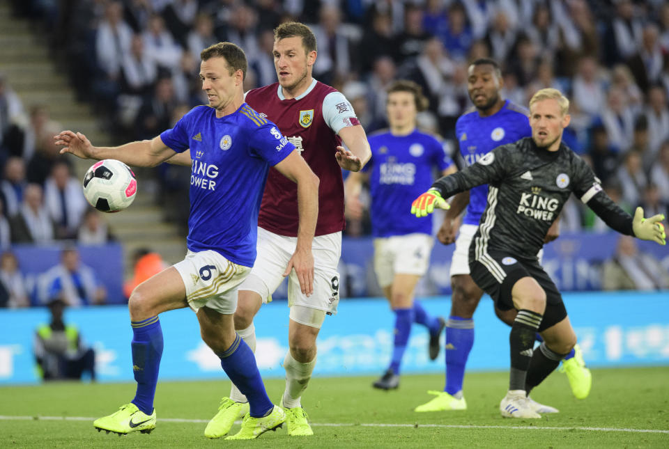 Burnely's would-be equaliser was disallowed after VAR ruled Chris Wood fouled Jonny Evans. (Photo by Chris Vaughan - CameraSport via Getty Images)                                                                                                        