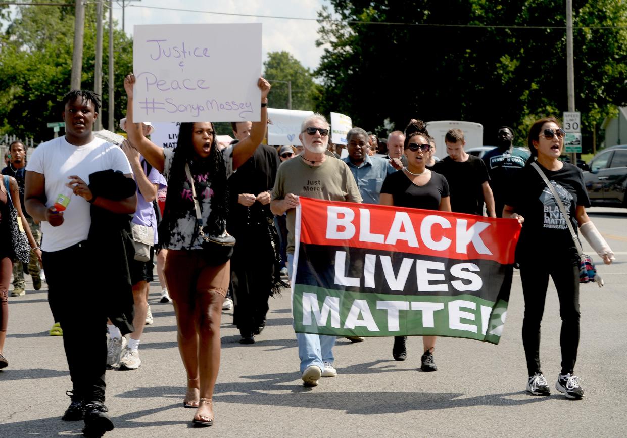 Protesters make their way from Pleasant Grove Baptist Church to Comer Cox Park on July 22, 2024, during a peace march for Sonya Massey. The 36-year-old Black woman was fatally shot in her home by a Sangamon County Sheriff's deputy on July 6.