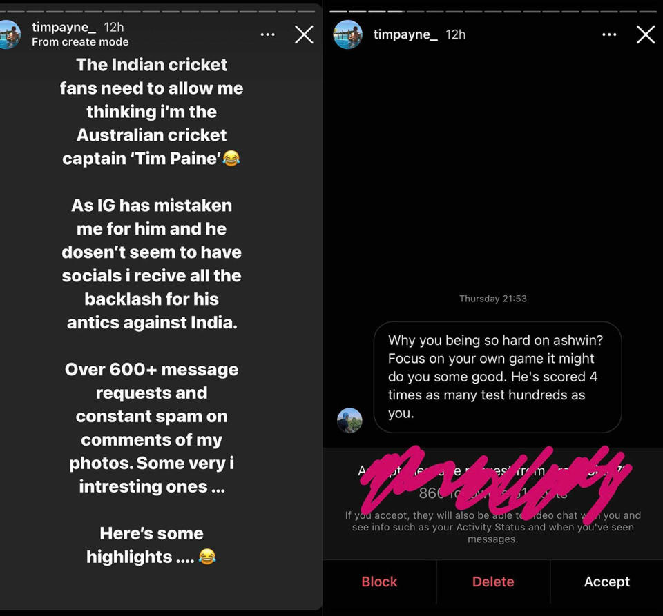 Instagram user Tim Payne posted screenshots of the messages Indian fans sent him in a mistaken identity for Australian cricket captain Tim Paine. (Image: Instagram)