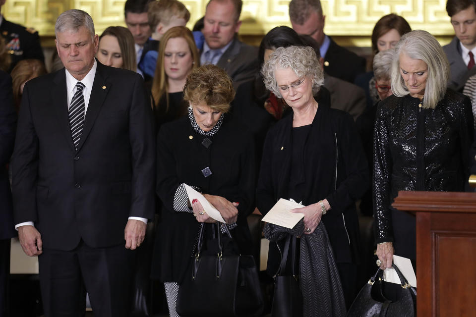 <p>Rev. Billy Graham’s children, from left, Franklin Graham, Gigi Graham, Ruth Graham and Anne Graham Lotz, attend a ceremony to honor their father as his body lies in honor in the U.S. Capitol Rotunda, Wednesday, Feb. 28, 2018 in Washington. (Photo: Chip Somodevilla/Pool via AP) </p>