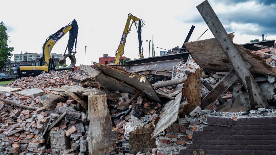 The building at 3143 Cass Ave. has asbestos and is demolished in Midtown Detroit on Saturday, July 29, 2023.