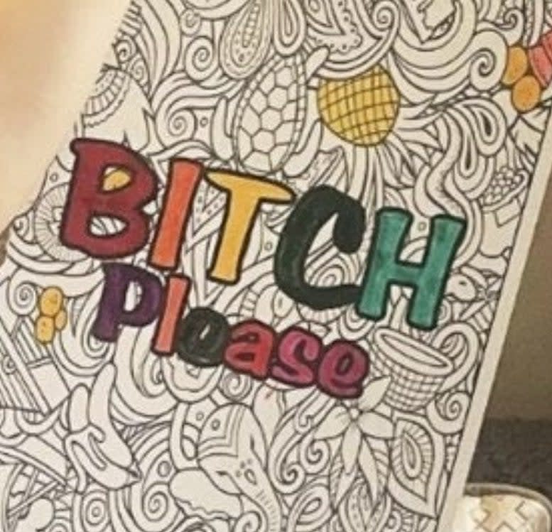 A little girl holding an adult coloring book with the words, "Bitch please"