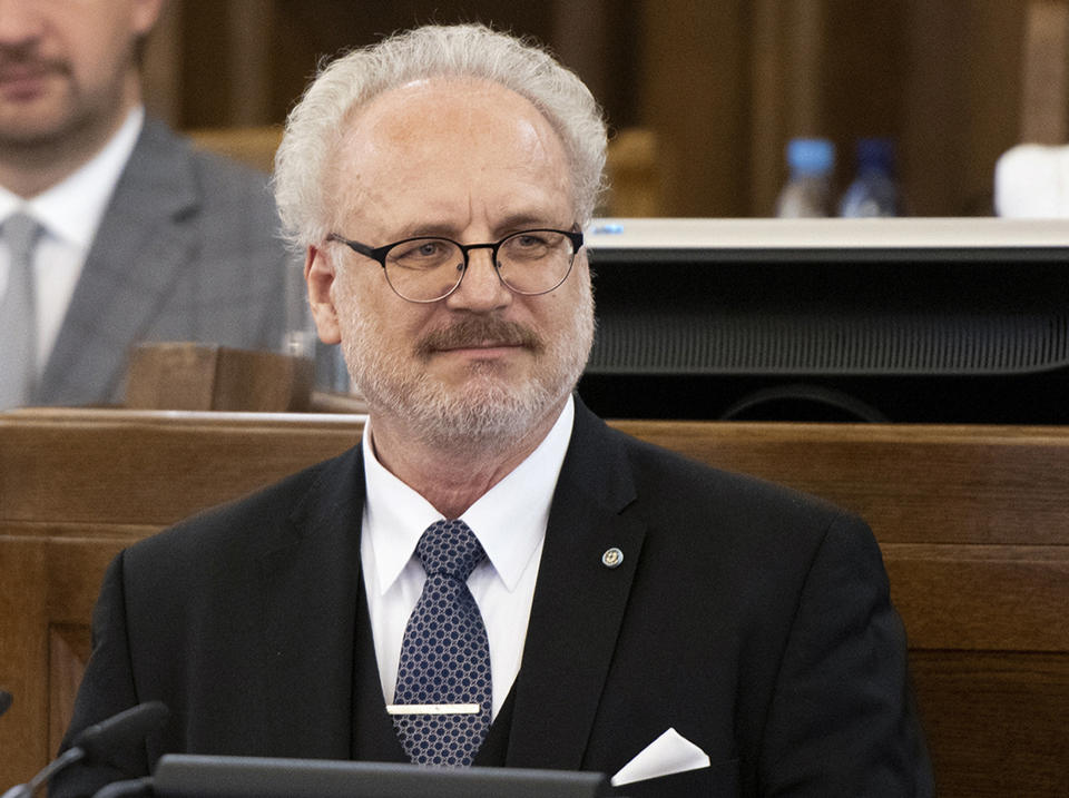 Newly elected Latvian President Egils Levits speaks after lawmakers elected him in a parliament in Riga, \LTA\, Wednesday, May 29, 2019. Levits received 61 votes already in the first round of voting, well above the 51 needed to win the election. (Vladislavs Proskins/F64 Photo Agency via AP)