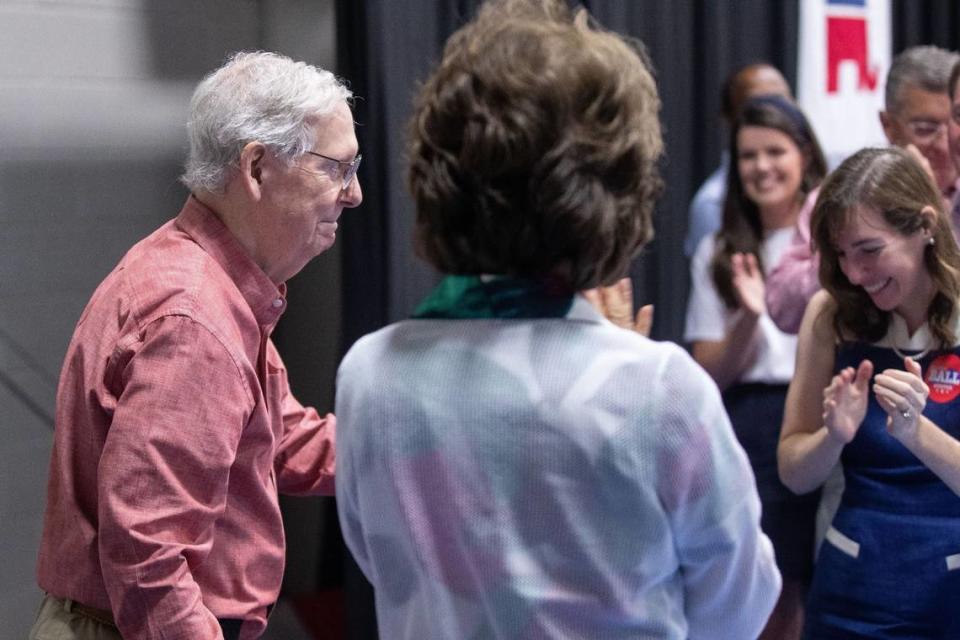 Sen. Mitch McConnell arrived at the Graves County Republican Party pre-Fancy Farm breakfast to thunderous applause. He showed up with his wife, former U.S. secretary of labor and transportation Elaine Chao.