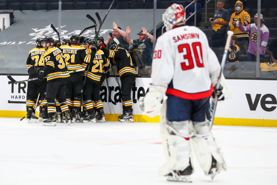 Ilya Samsonov's blunder behind his own goal led to Craig Smith's overtime winner in Game 3 on Wednesday night. (Getty) 