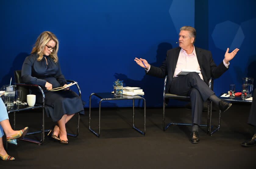 Los Angeles, California September 28, 2022-West Hollywood City Council member Lindsay Horvath and State Senator Bob Hertzberg debate on stage at the Hammer Museum in Los Angeles. (Wally Skalij/Los Angeles Times)