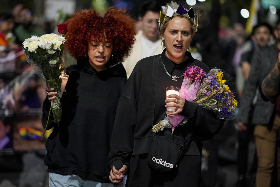 Demonstrators protest in Mexico City, Monday, Nov. 13, 2023. The first openly nonbinary person to assume a judicial position in Mexico was found dead in their home Monday in the central Mexican city of Aguascalientes after receiving death threats because of their gender identity, authorities said. (AP Photo/Eduardo Verdugo)