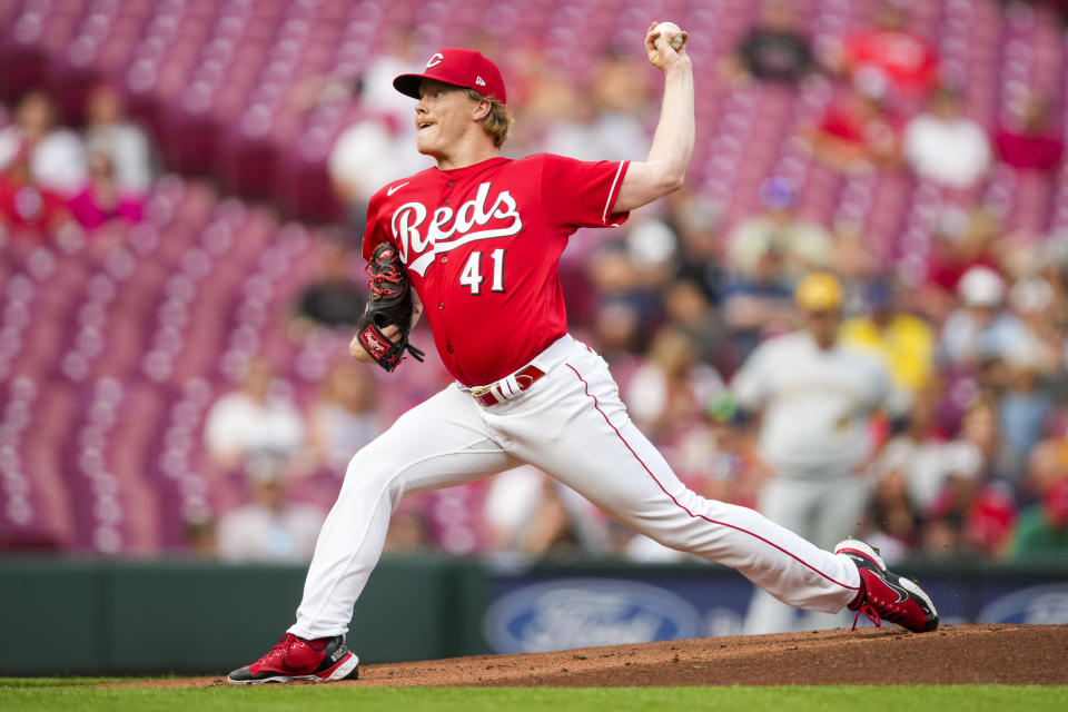 Cincinnati Reds' Andrew Abbott throws during the first inning of a baseball game against the Milwaukee Brewers in Cincinnati, Monday, June 5, 2023. (AP Photo/Aaron Doster)