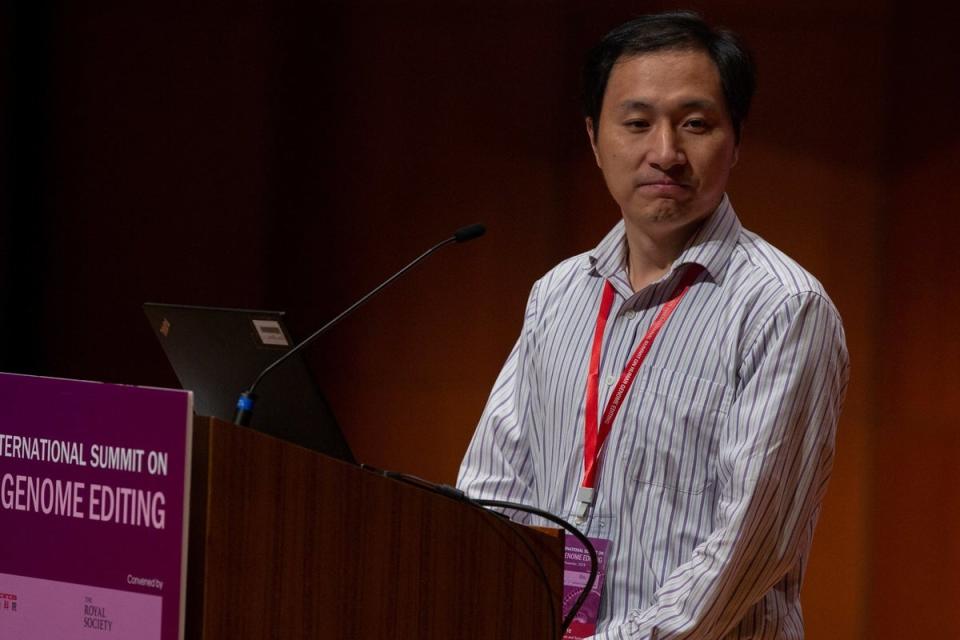 Chinese scientist He Jiankui presents his work at the Second International Summit on Human Genome Editing, at the University of Hong Kong in 2018 (EPA)