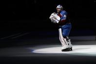 Colorado Avalanche goaltender Pavel Francouz skates on the ice after the team's 4-0 win over the Edmonton Oilers in Game 2 of the NHL hockey Stanley Cup playoffs Western Conference finals Thursday, June 2, 2022, in Denver. (AP Photo/Jack Dempsey)