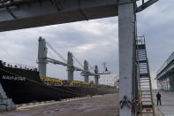 FILE - A security officer stands next to the ship Navi-Star which sits full of grain since Russia's invasion of Ukraine began five months ago as it waits to sail from the Odesa Sea Port, in Odesa, Ukraine, July 29, 2022. Ukraine is steadily exporting grains from its Black Sea ports under a wartime deal brokered last month, but the agreement has also proven helpful to Russian farmers and the country's cornerstone agriculture industry. (AP Photo/David Goldman)