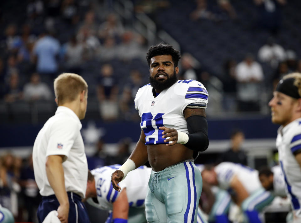 Ezekiel Elliott's appeal of a six-game suspension is in the hands of arbitrator Harold Henderson. (AP) 