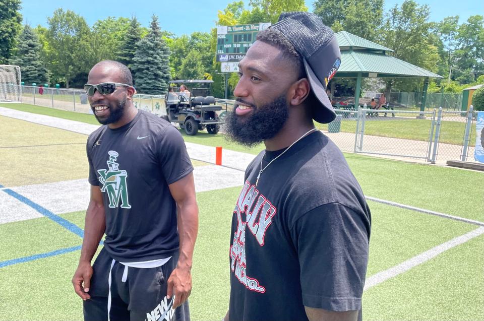 Indianapolis Colts wide receiver Parris Campbell, right, and fellow St. Vincent-St. Mary and Ohio State product Doran Grant were part of a Nike Football Skills Camp last week in Akron.