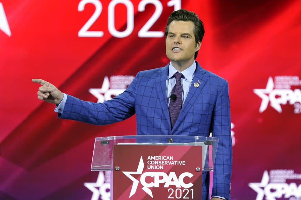 In this Feb. 26, 2021, file photo, Rep. Matt Gaetz, R-Fla.,, speaks at the Conservative Political Action Conference (CPAC) in Orlando, Fla. (AP Photo/John Raoux)