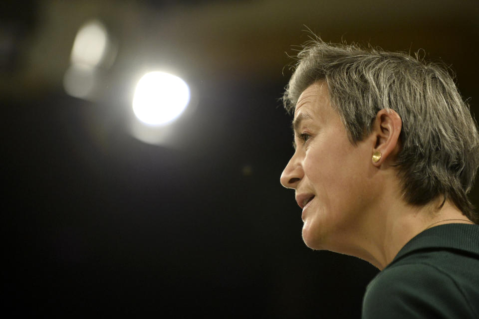 European Executive Vice- President Margrethe Vestager speaks during a media conference regarding an antitrust case at EU headquarters in Brussels, Thursday, Nov. 26, 2020. The European Union has fined two pharmaceutical companies for colluding to keep a cheap alternative to a sleep disorder medicine off the market for their profit and at the expense of patients. (Johanna Geron, Pool via AP)