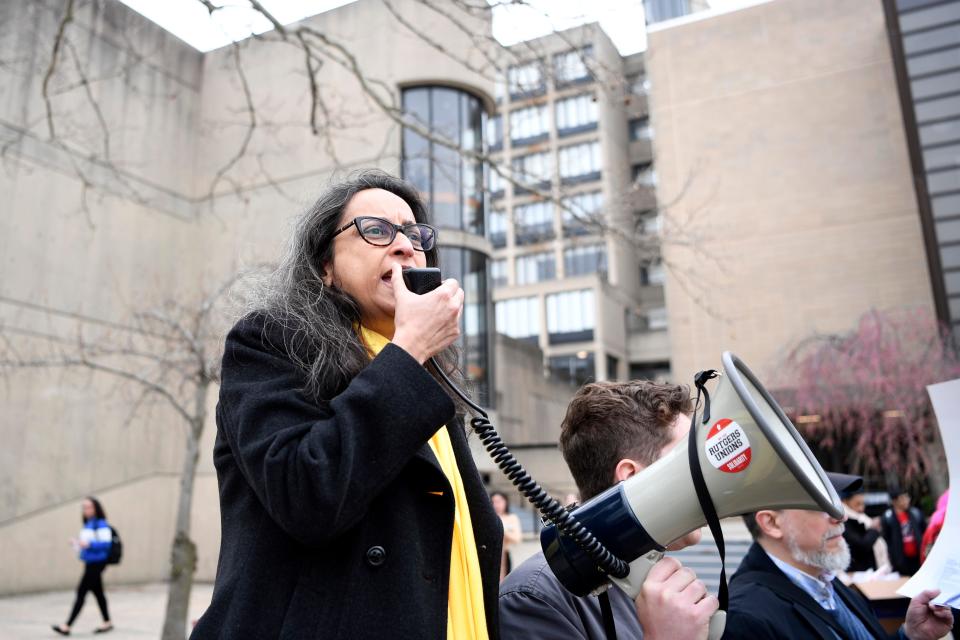 Deepa Kumar, president of the Rutgers AAUP-AFT union, speaks during a rally at Rutgers-Newark on Tuesday, April 9, 2019, in Newark. Full-time faculty, grad students, and adjunct professors are rallying for the Rutgers Board of Governors to meet their contract demands, which include equal pay, higher salaries, and more full-time faculty hires.