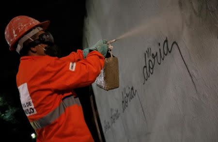 A municipal worker removes the writing "doria" in reference to Sao Paulo's mayor Joao Doria, tagged by a Brazilian artist, known as Iaco, on Avenida 23 de Maio in Sao Paulo, Brazil, March 23, 2017. REUTERS/Nacho Doce/File Photo