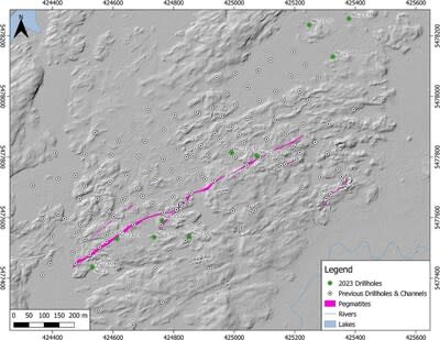 FIGURE 2 | Map showing location of drill holes completed at MZN in Winter 2023. (CNW Group/Rock Tech Lithium Inc.)