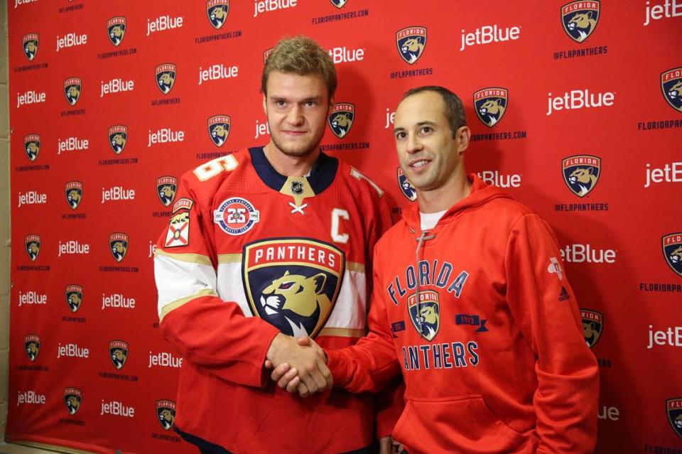 Aleksander Barkov (L) was named the new Captain of the Florida Panthers prior to their home opening game Monday, Sept. 17, 2018. Former Captain, Derek MacKenzie (R), handed over the position following a practice session Monday morning.
