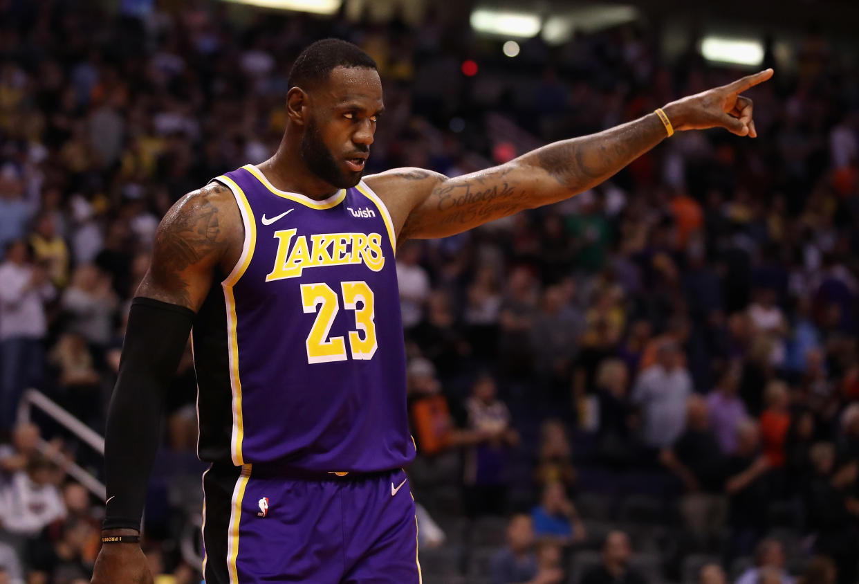 PHOENIX, ARIZONA - NOVEMBER 12: LeBron James #23 of the Los Angeles Lakers reacts during the final moments of the NBA game against the Phoenix Suns at Talking Stick Resort Arena on November 12, 2019 in Phoenix, Arizona. The Lakers defeated the Suns 123-115. NOTE TO USER: User expressly acknowledges and agrees that, by downloading and/or using this photograph, user is consenting to the terms and conditions of the Getty Images License Agreement  (Photo by Christian Petersen/Getty Images)