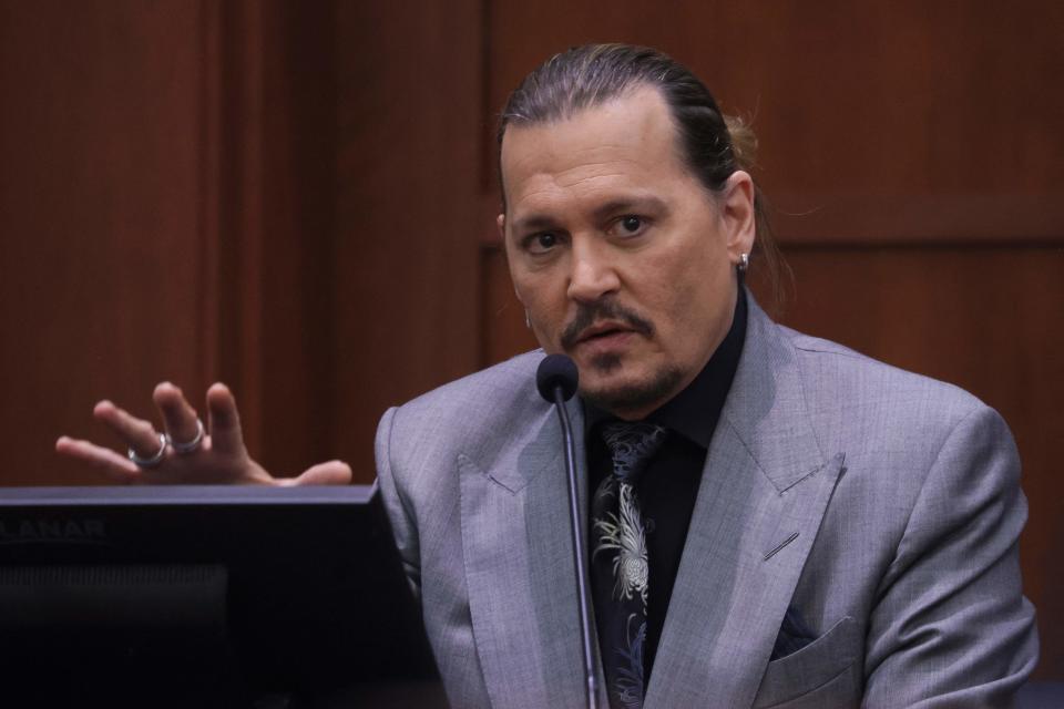 Johnny Depp testifies during his libel trial against his ex-wife Amber Heard on April 20.