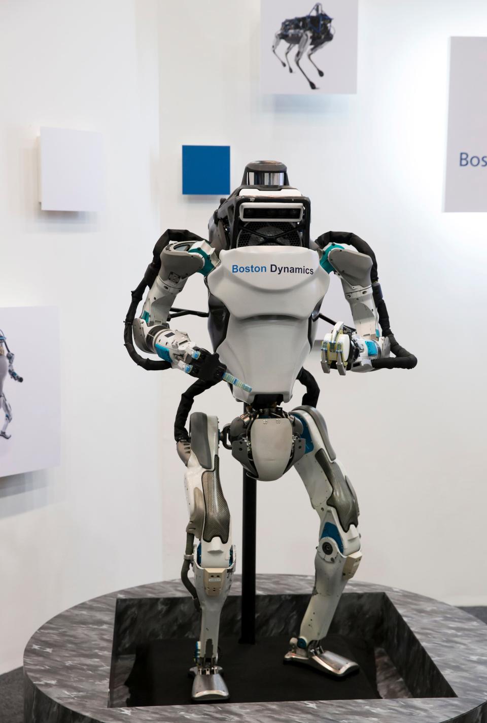 Boston Dynamics' robot on display on a podium