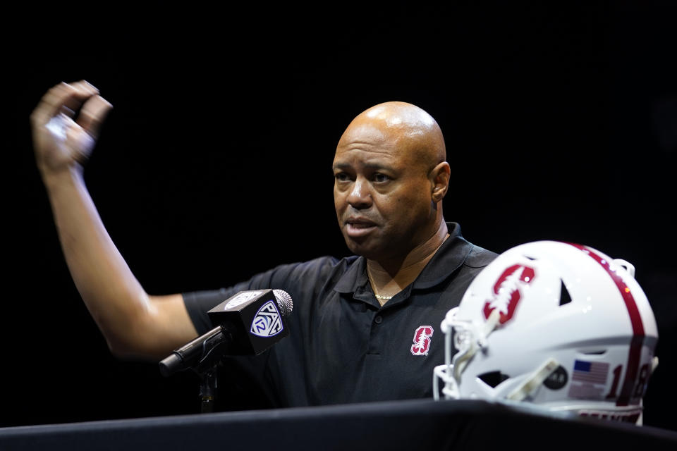 Stanford head coach David Shaw speaks during Pac-12 Conference men's NCAA college football media day Friday, July 29, 2022, in Los Angeles. (AP Photo/Damian Dovarganes)