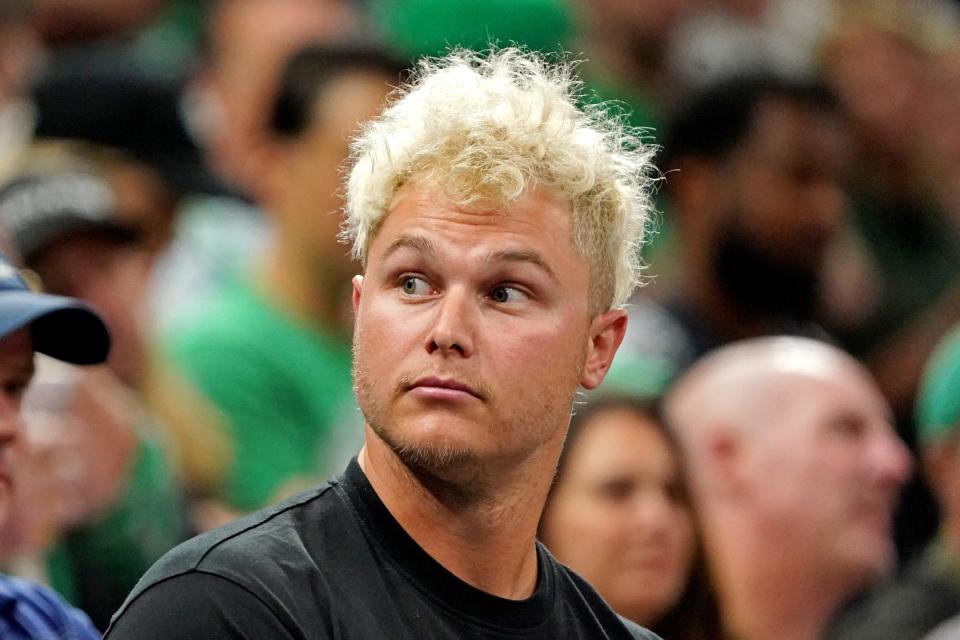 June 16: San Francisco Giants player Joc Pederson watches Game 6 of the NBA Finals at TD Garden.