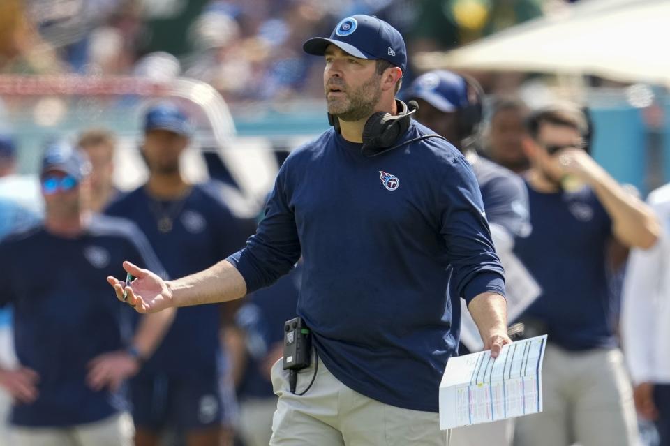 Tennessee Titan head coach Brian Callahan reacts to a call during the second half of an NFL football game against the Green Bay Packers Sunday, Sept. 22, 2024, in Nashville, Tenn. (AP Photo/George Walker IV)