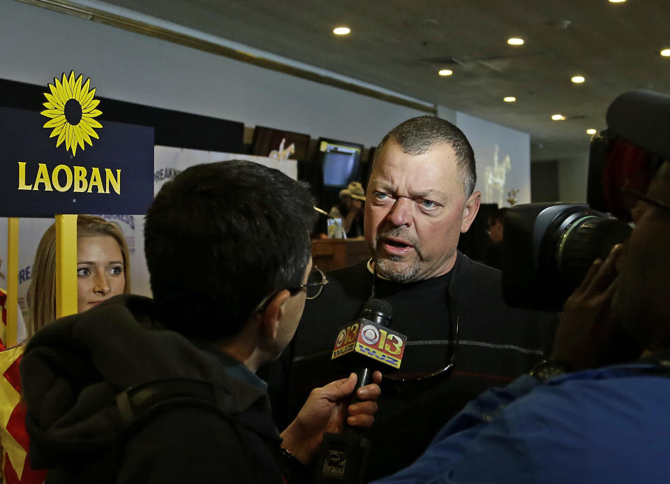 Eric Guillot talks about his colt Laoban following the post position draw for the 141st Preakness Stakes at Pimlico Race Course Wednesday, May 18, 2016 in Baltimore. Laoban will start from post position No. 8 on Saturday, May 21. (AP Photo/Garry Jones)