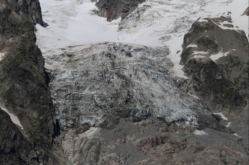 A segment of the Planpincieux glacier is seen on the Italian side of the Mont Blanc, in Aosta