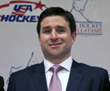 FILE - In this Dec. 17, 2015, file photo, U.S. Hockey Hall of Fame Class of 2015 inductee Chris Drury poses for a photograph prior to the induction ceremony in Boston. The New York Rangers abruptly fired president John Davidson and general manager Jeff Gorton on Wednesday, May 5, 2021 with three games left in the season. Chris Drury was named president and GM. He previously served as associate GM under Davidson and Gorton. (AP Photo/Charles Krupa, File)