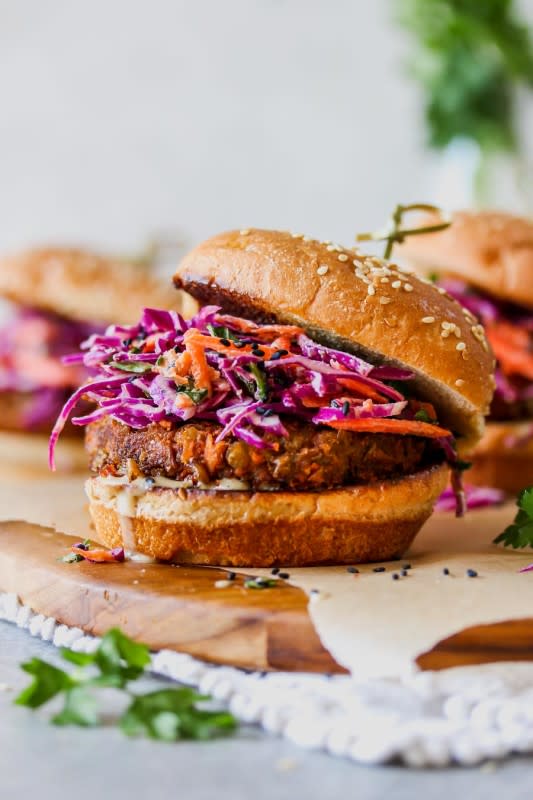 <p>Dishing Out Health</p><p>These burgers and slaw are made with pantry-staple ingredients and come together in 30 minutes. Vegan, gluten-free, freezer-friendly and nutrient-packed.</p><p><strong>Get the recipe: <a href="https://dishingouthealth.com/spiced-lentil-burgers-with-tahini-slaw-vegan/" rel="nofollow noopener" target="_blank" data-ylk="slk:Spiced Lentil Burgers with Tahini Slaw;elm:context_link;itc:0;sec:content-canvas" class="link ">Spiced Lentil Burgers with Tahini Slaw</a></strong></p>