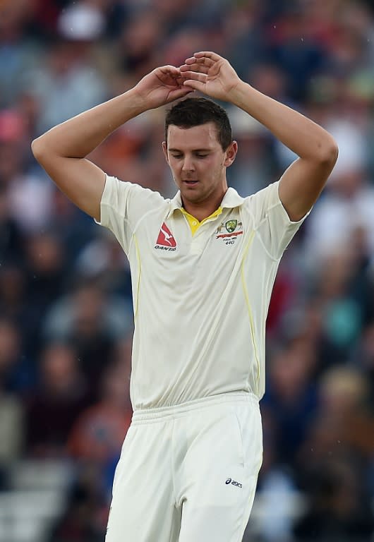 Australia's Josh Hazlewood reacts after bowling on the first day of their third Ashes Test match against England, at Edgbaston in Birmingham, on July 29, 2015