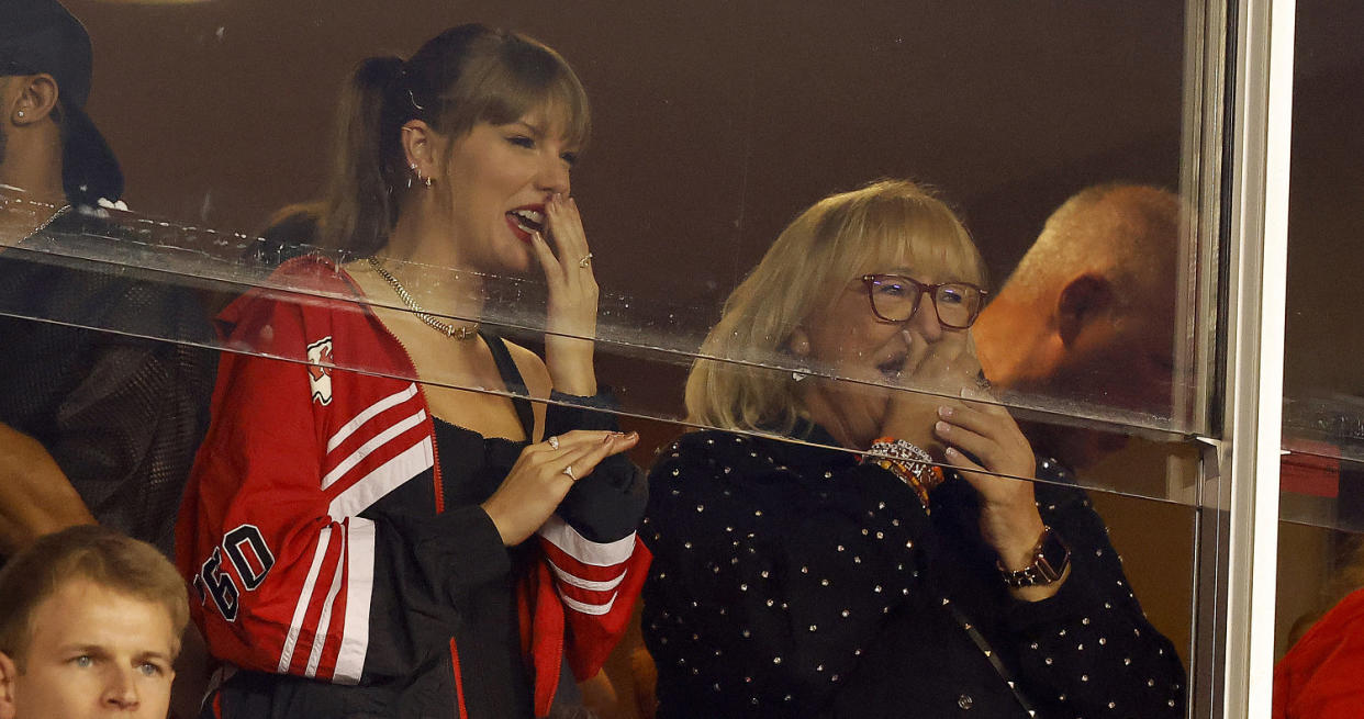 Donna Kelce wears her TODAY friendship bracelet while at the Kansas City Chiefs and the Denver Broncos game with Taylor Swift on Oct. 12, 2023 in Kansas City, Missouri.  (David Eulitt / Getty Images)