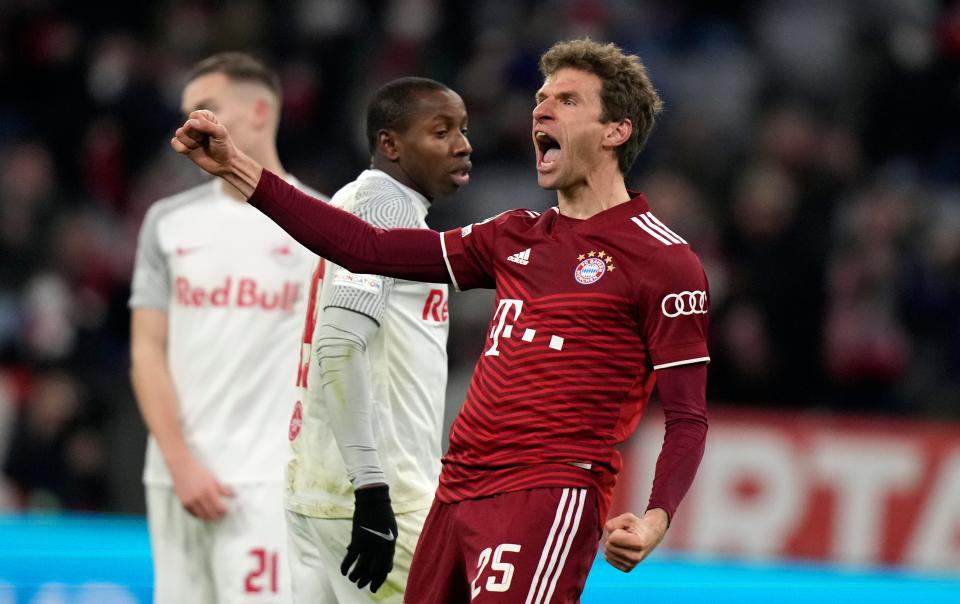 Bayern's Thomas Muller reacts after scoring his side's 5th goal during the Champions League, round of 16, second leg soccer match between Bayern and Salzburg in Munich, Germany, Tuesday, March 8, 2022.