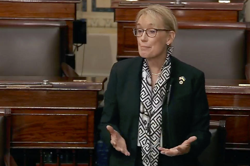 This image from U.S. Senate video, Sen. Maggie Hassan, D-N.H., speaks about the late Sen. Dianne Feinstein in the Senate chamber on Friday, Sept. 29, 2023, in Washington. In tributes to Feinstein after her death, her female colleagues talked about her indomitable, fierce intelligence and how she had paved the way for so many women. Feinstein was the first female mayor of San Francisco, one of California’s first two female senators and the first female chairwoman of the Senate Intelligence Committee. (Senate Television via AP)