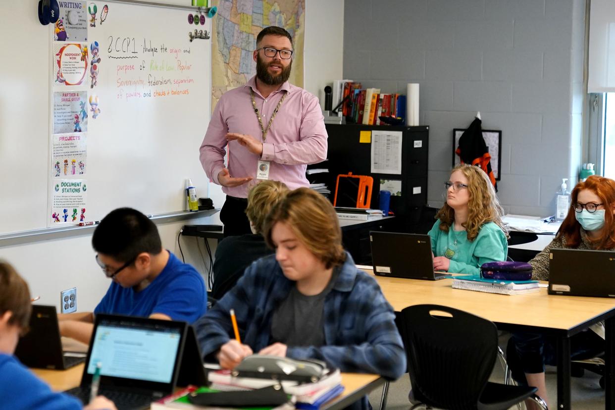 Ballyshannon eighth-grade social studies teacher Kevin Dailey teaches his class. The Civics Secures Democracy Act is a bipartisan bill that prioritizes the K-12 teaching of American history and civics and reverses the historic underfunding of these subjects.
