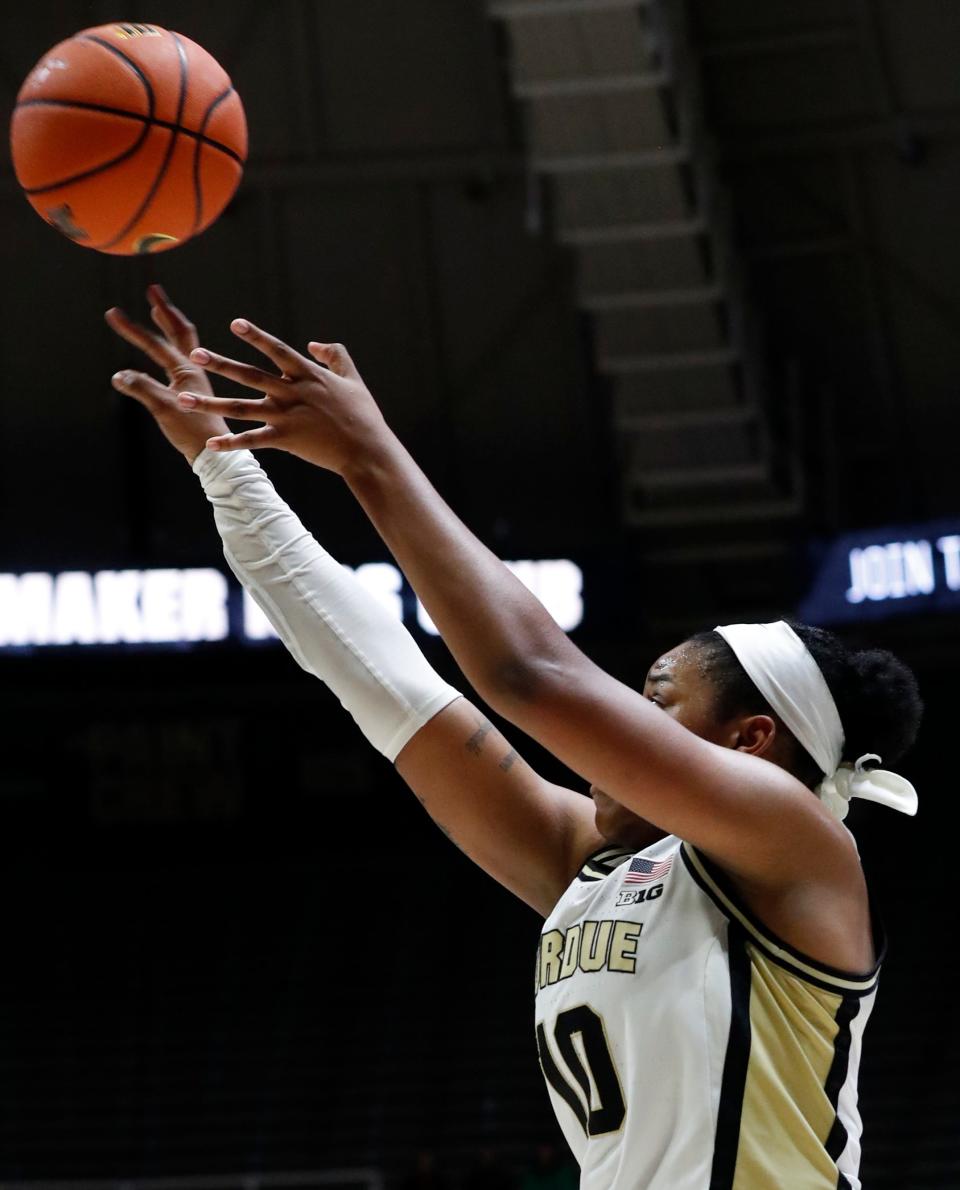 Purdue Boilermakers guard Jeanae Terry (10) shoots the ball during NCAA women’s basketball game against the Marshall Thundering Herd, Thursday, Nov. 10, 2022, at Mackey Arena in West Lafayette, Ind. Purdue won 73-61.