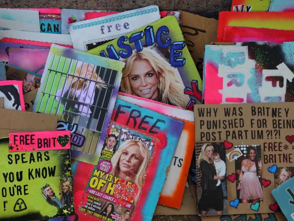 Signs made by fans of Britney Spears outside the Los Angeles County Courthouse.