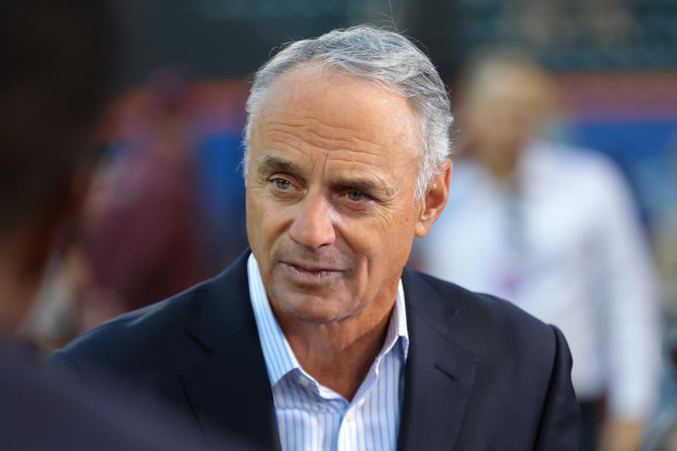 NEW YORK, NY - SEPTEMBER 15: Major League Baseball Commissioner Rob Manfred is interviewed prior to the game between the Pittsburgh Pirates and the New York Mets at Citi Field on Thursday, September 15, 2022 in New York, New York.  (Photo by Mary DeCicco/MLB Photos via Getty Images)