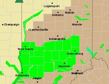 Green areas show Indiana regions under flood warning for potential flooded roads.