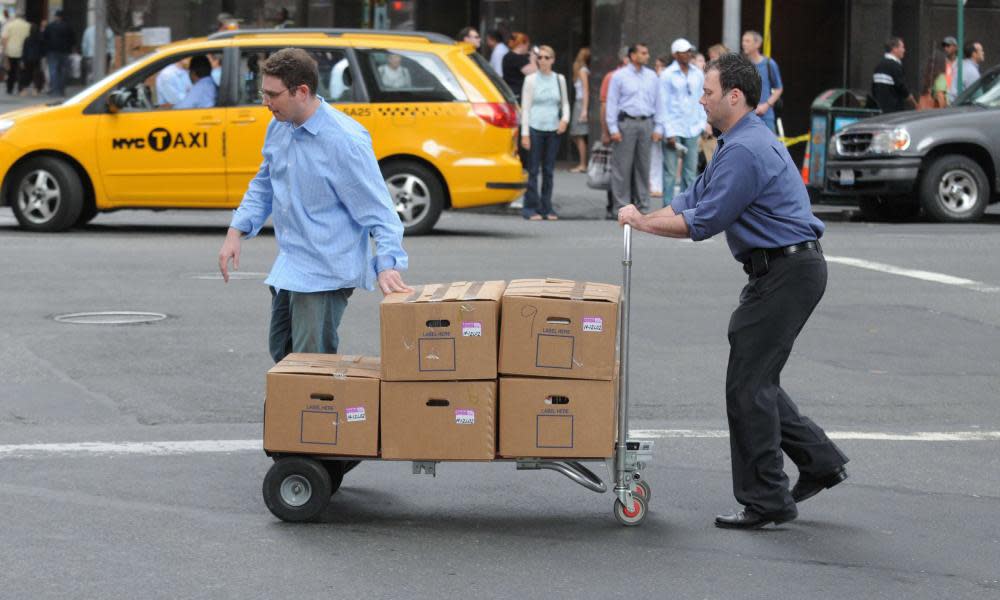 Employees move boxes our of the failed Lehman Brothers bank in New York in September, 2008